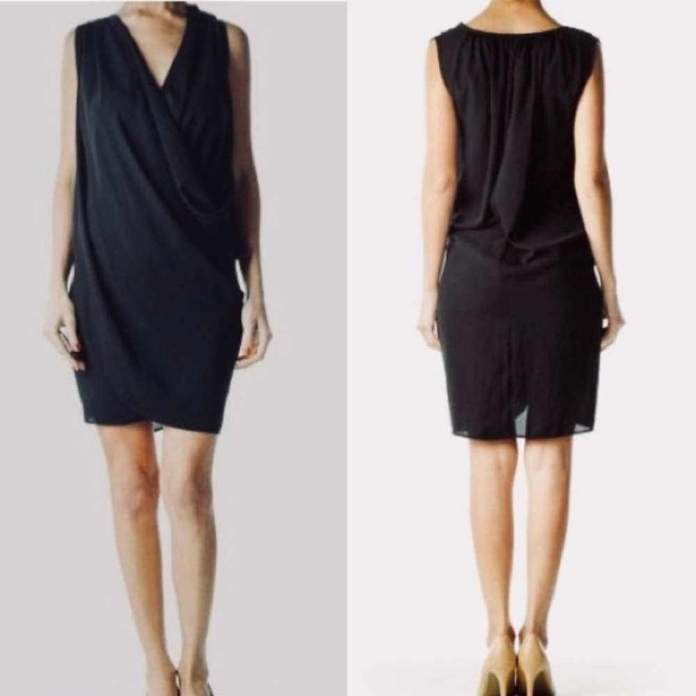 James Lacroix Black Faux Wrap Sleeveless Drape Front Dress XS